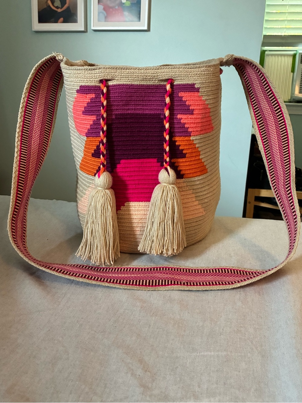 Handwoven Cream Bucket Bag with Pink & Orange Accents